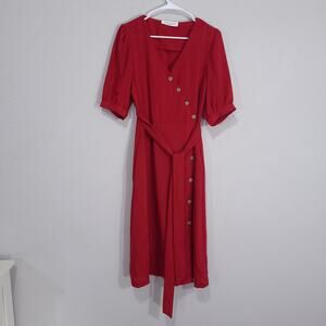 Love Kuza Dress Womens Small Red Midi Below Knee Cotton Linen Summer Office